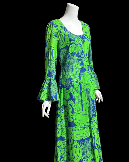 DESIGN THAI BANGKOK, vintage 1960s maxi party dress, Kelly Green and blue floral cotton dress