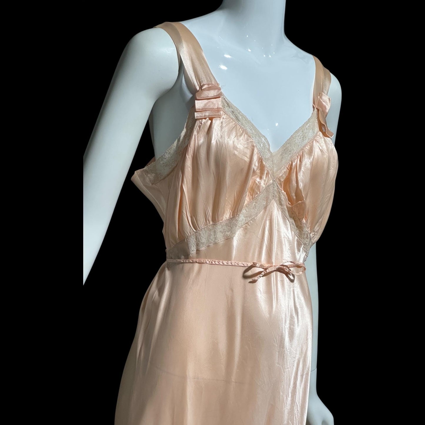 MISS SIREN, vintage 1930s Nightgown slip dress, shiny peach rayon bias cut lacy slip dress