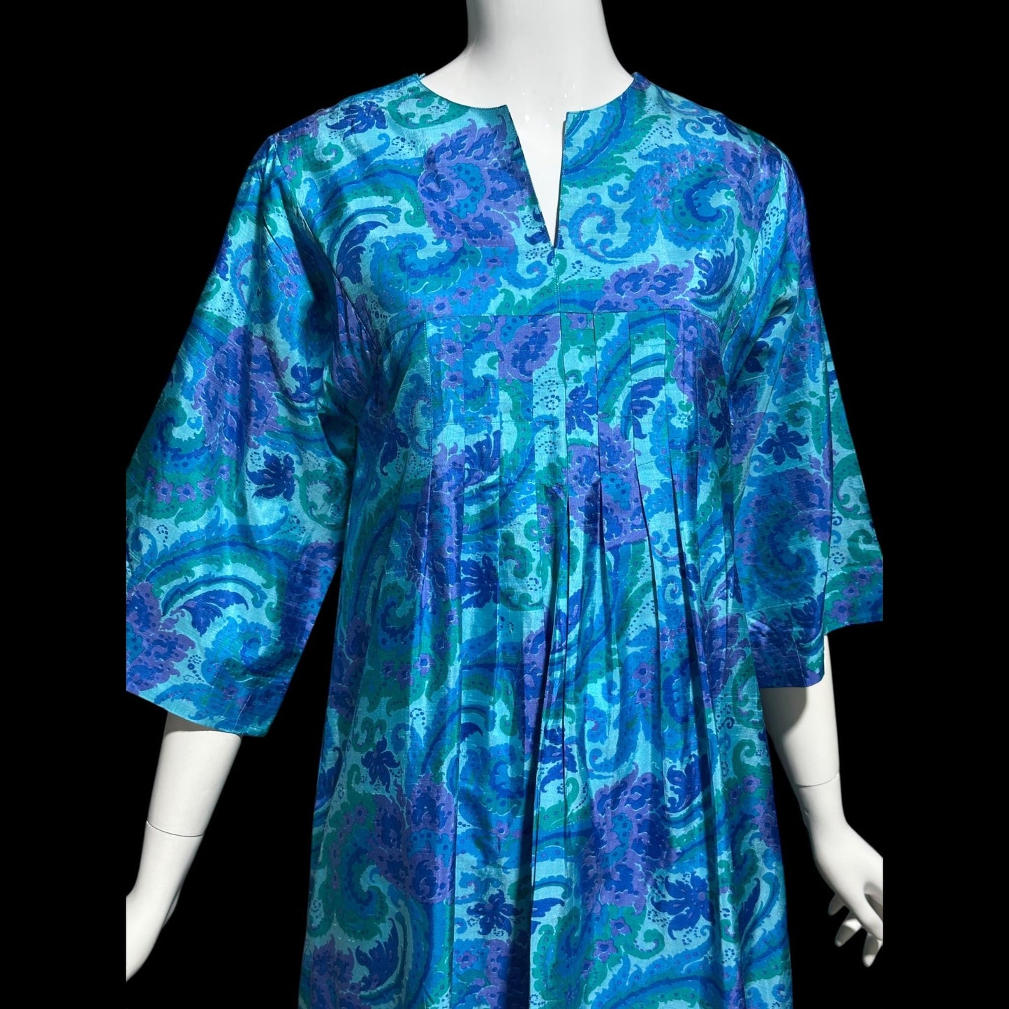 1970s vintage Thai Silk Caftan dress, JIM THOMPSON? blue and purple silk paisley Hippie Boho Dress