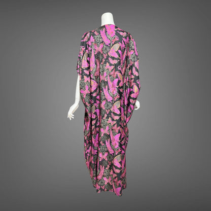 DESIGN THAI BANGKOK, vintage 1960s caftan dress, maxi party dress, hot pink butterfly print silk dress