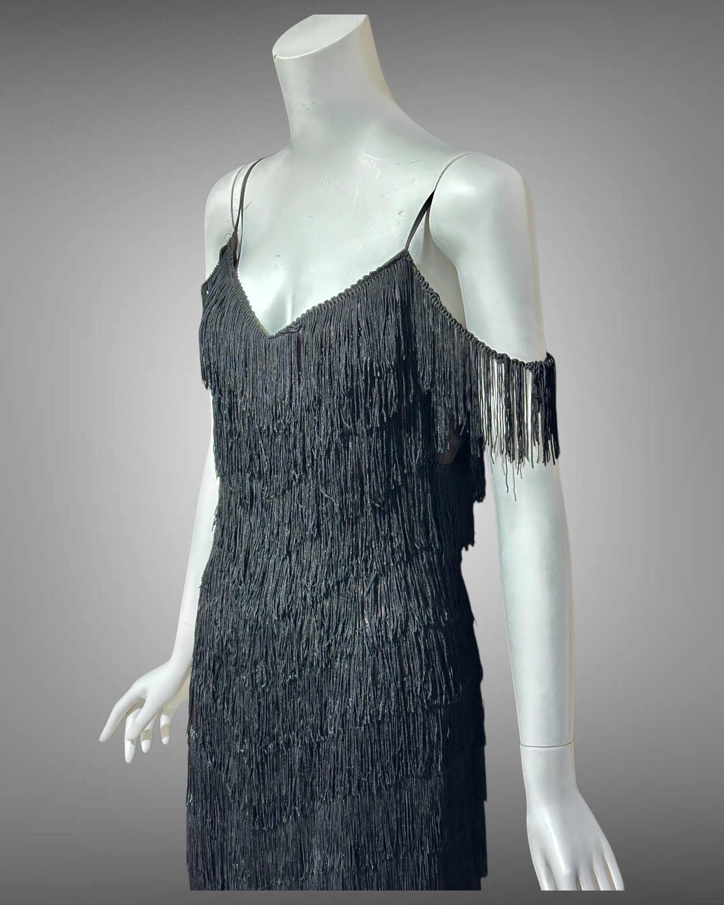 TD4 vintage 1980s Fringed evening cocktail dress, black mini party flapper slip dress