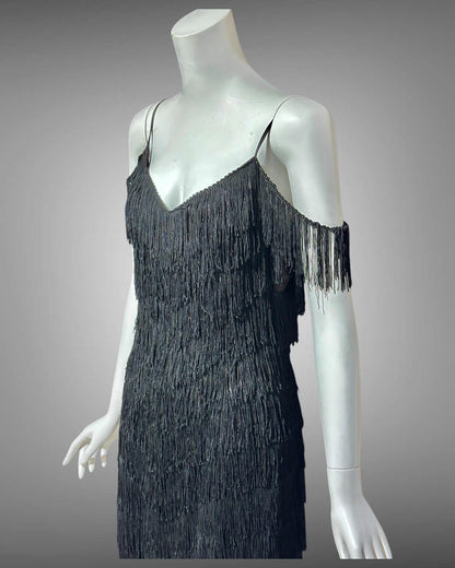 TD4 vintage 1980s Fringed cocktail dress, black mini party flapper slip dress