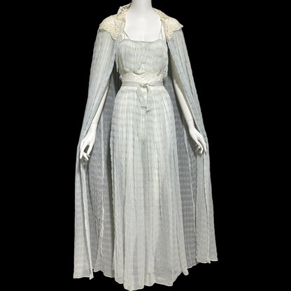 TULA, vintage 1940s nightgown robe set, powder blue striped sheer seersucker peignoir set