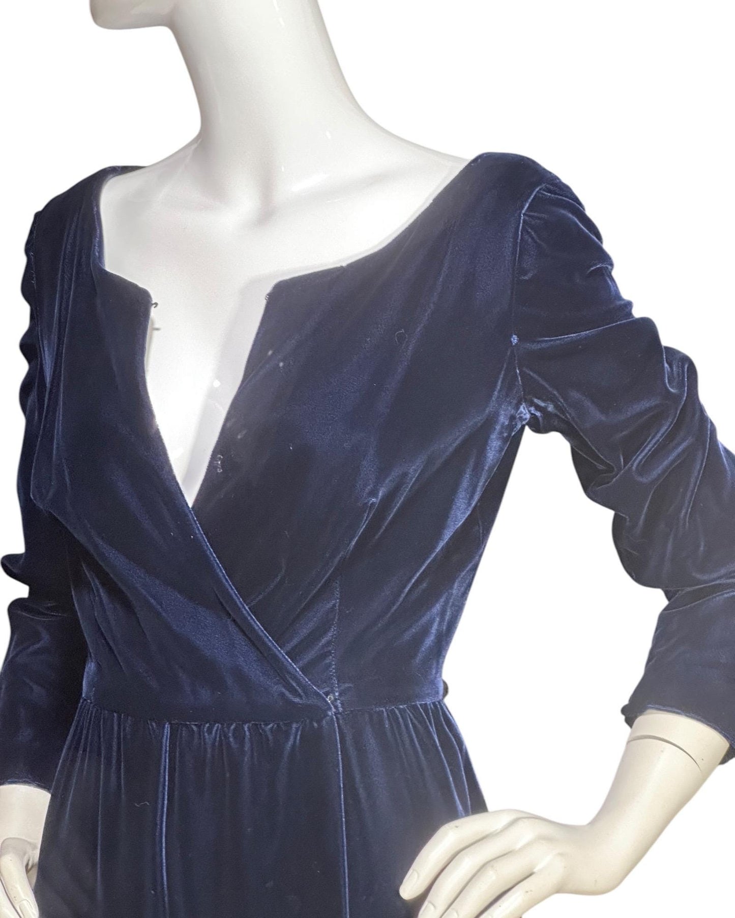 MOLLIE PARNIS vintage 1960s blue velvet wrap evening dress, Morty Sussman