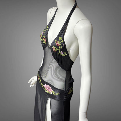 JACALYN BENNETT for FREDERICK'S of Hollywood, vintage Y2K nightgown slip dress, black silk and mesh