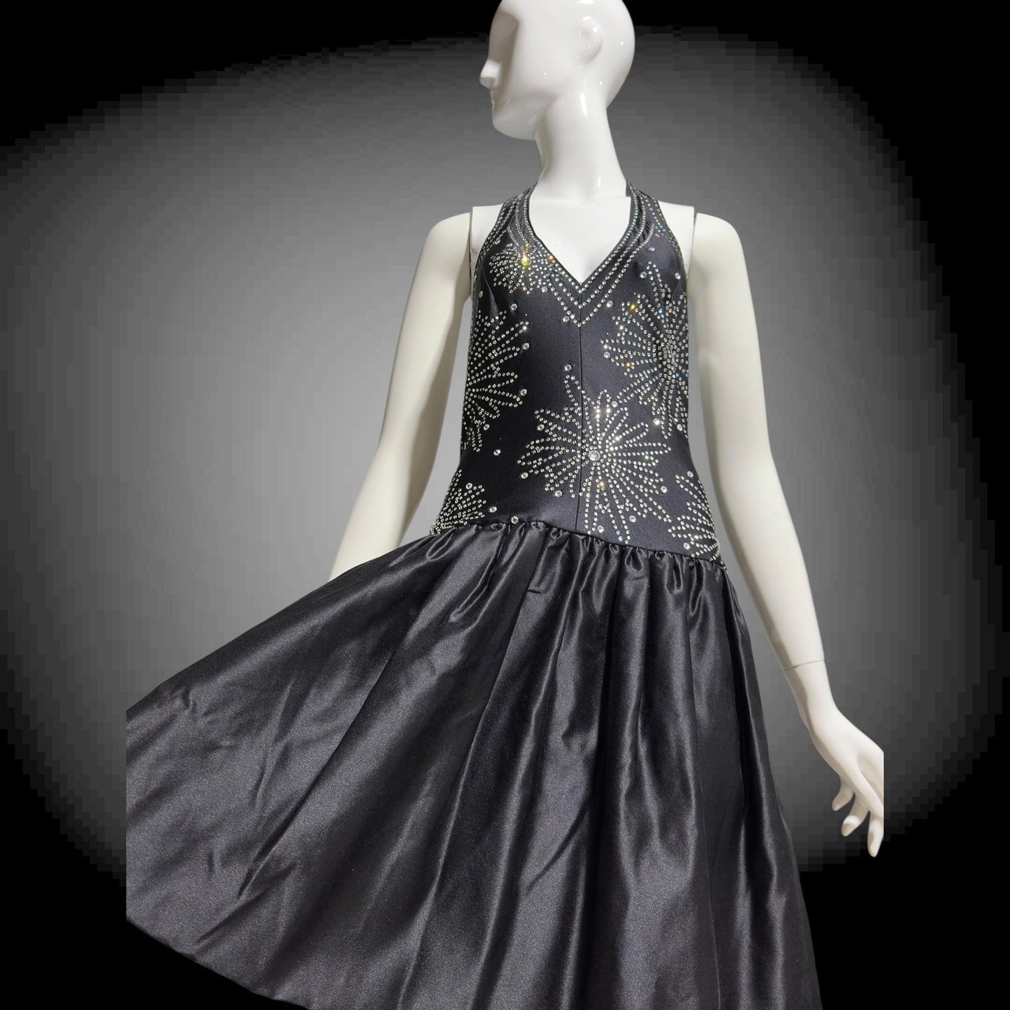 1970s Halter Party Mini Dress: Vintage black bubble skirt with rhinestone studs