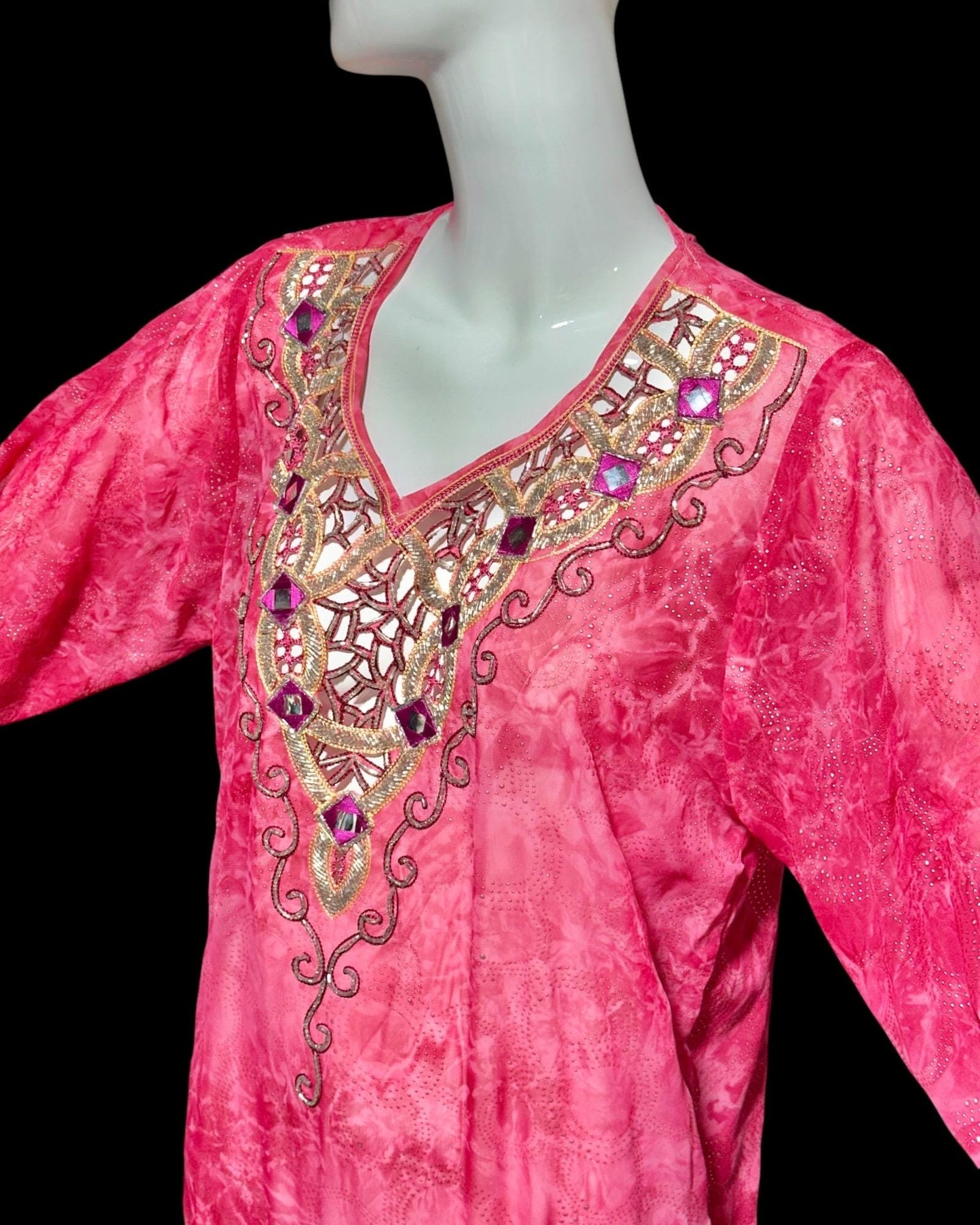 I MAGNIN 1980s vintage caftan dress, embroidery, beads, mirrors & cut work, sheer pink evening kaftan gown with Fringe