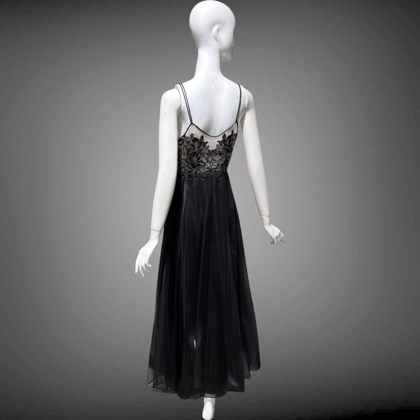 VANITY FAIR Vintage 1950s nightgown slip dress, Black Nylon Metallic Lace Lingerie dress