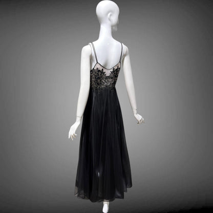 VANITY FAIR Vintage 1950s nightgown slip dress, Black Nylon Metallic Lace Lingerie dress
