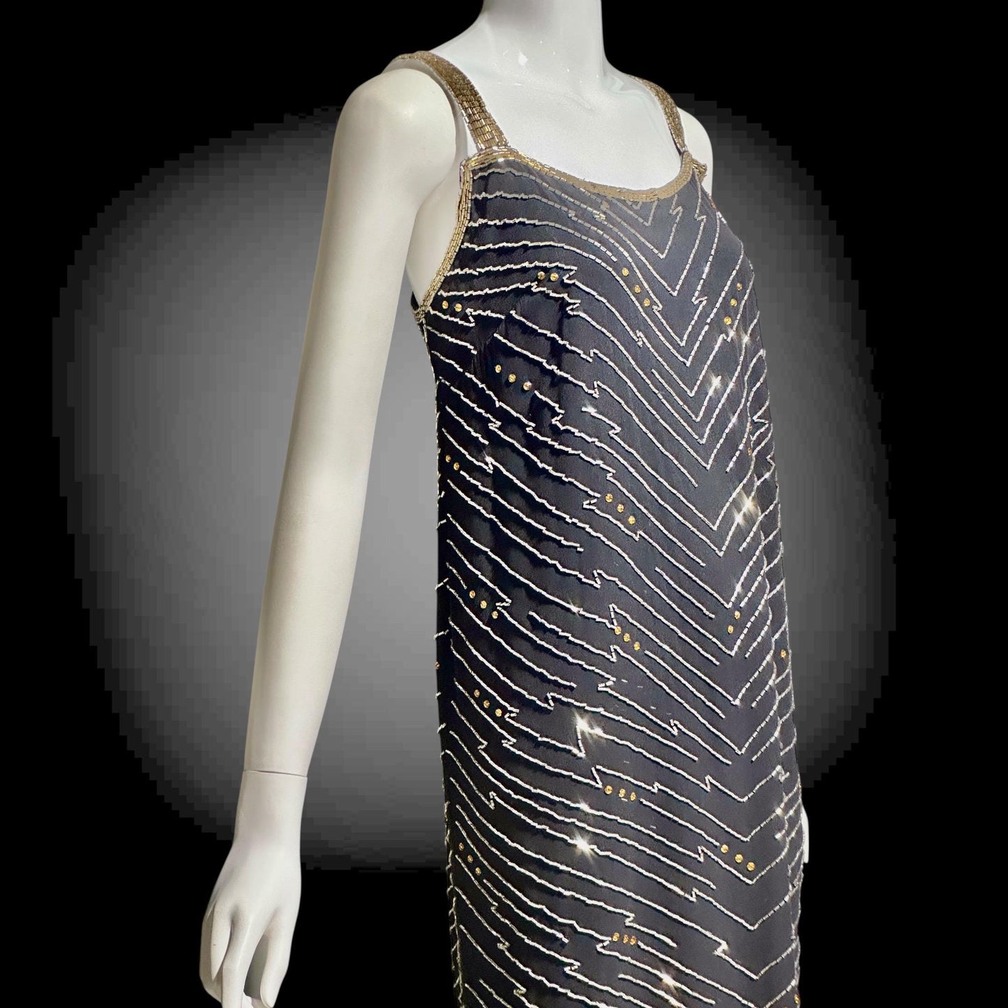 1980s Beaded Silk Sheath Gown: Vintage Black with silver and amber beading, Evening Dress