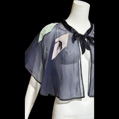 1930s Vintage collar capelet, navy blue organza harlequin shoulder cover
