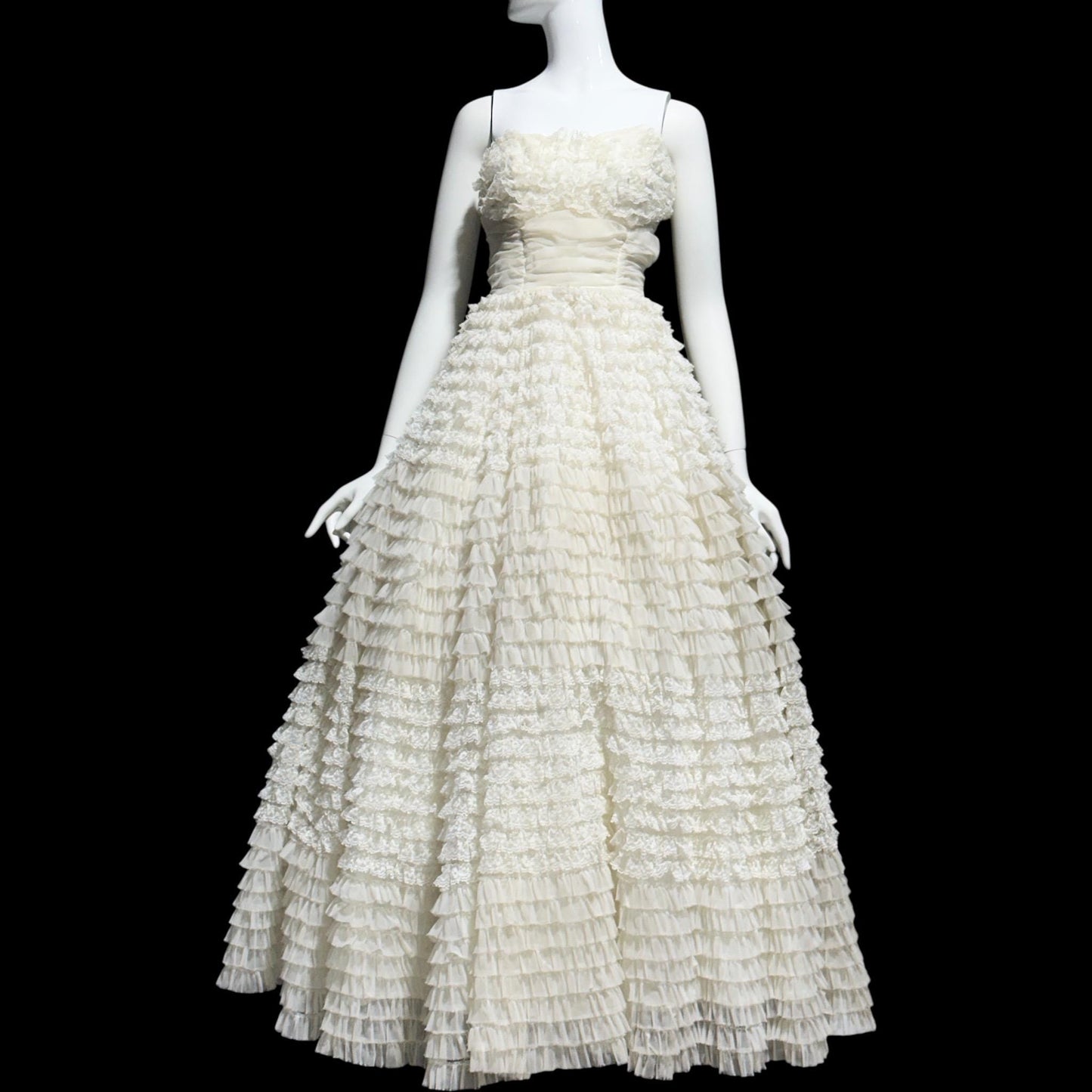 1950s vintage wedding prom gown, off white tiered lace and tulle cupcake dress, ruffled meringue ball gown