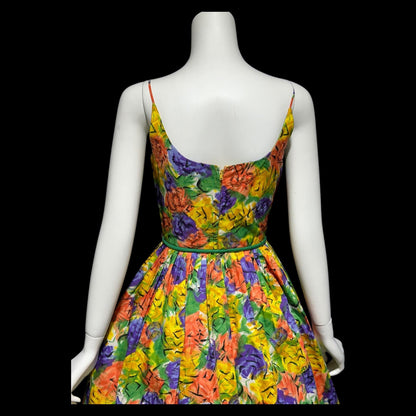 1950s vintage Dress, Floral Cotton Pinup Sundress, Pleated full skirt with sequins