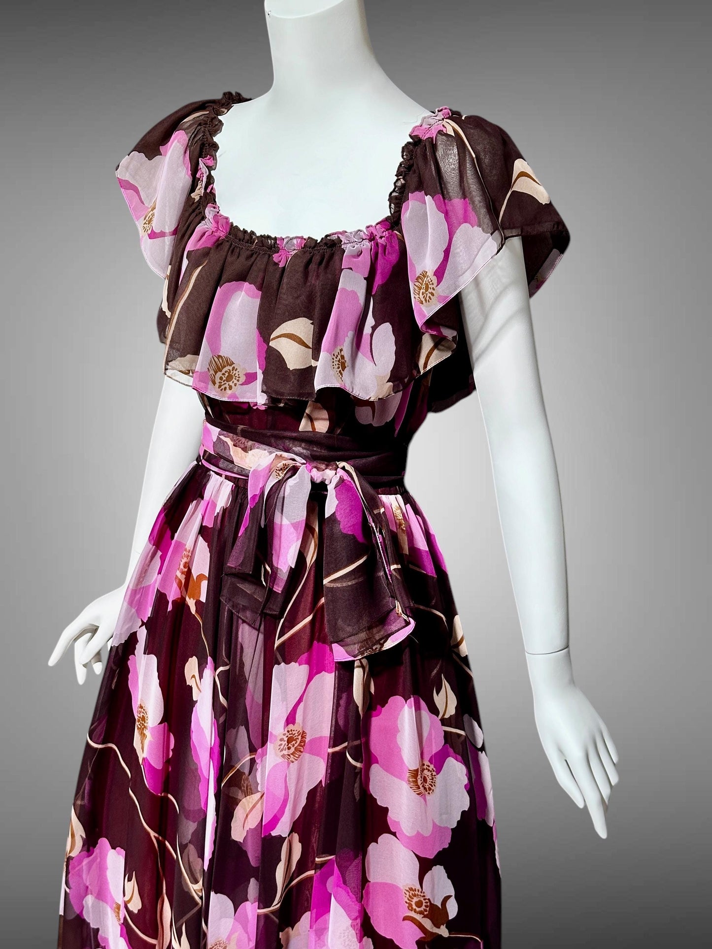 MIGNON New York, vintage 1970s Chocolate Brown Hot Pink Floral Chiffon evening gown