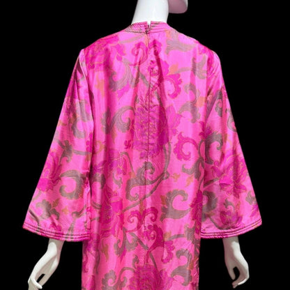 JIM THOMPSON, vintage 1960s Thai Silk caftan maxi dress, Hot pink lotus blossom floral gown, Hippie Boho Kaftan Dress