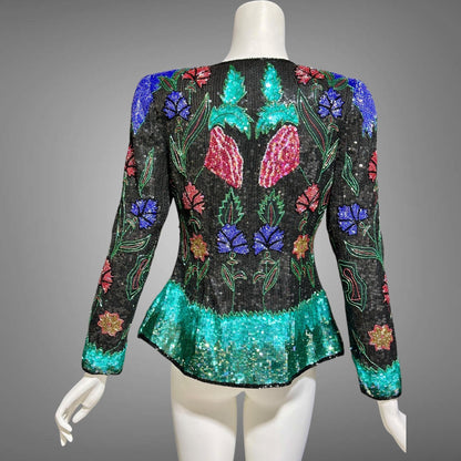 1980s vintage Evening jacket, vibrant jewel tone beaded and sequins princess cut elegant cocktail party jacket blouse top