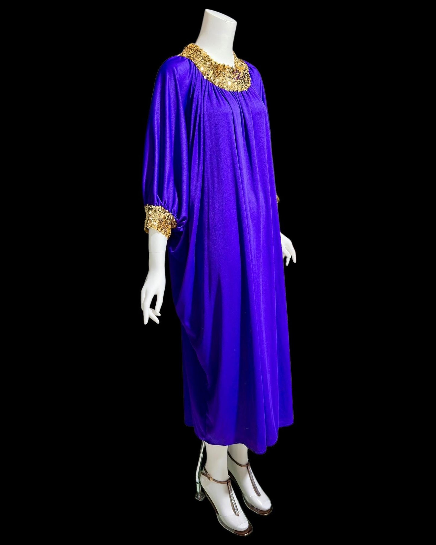 1970s vintage caftan dress, purple polyester batwing and sequin hostess evening dress