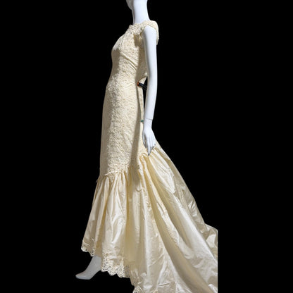 1980s Custom Made vintage wedding dress, dated 1989, Cream lace beads silk mermaid gown