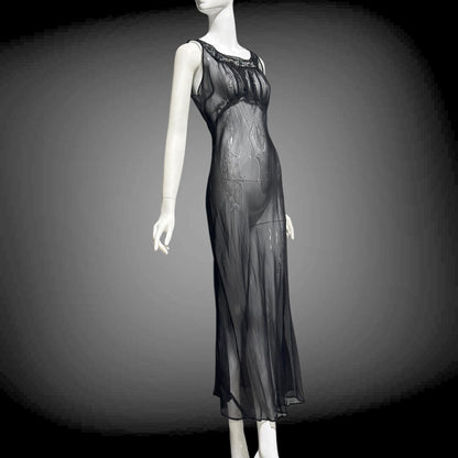1930s vintage Nightgown slip dress, sheer sultry black night dress, bias cut with lace