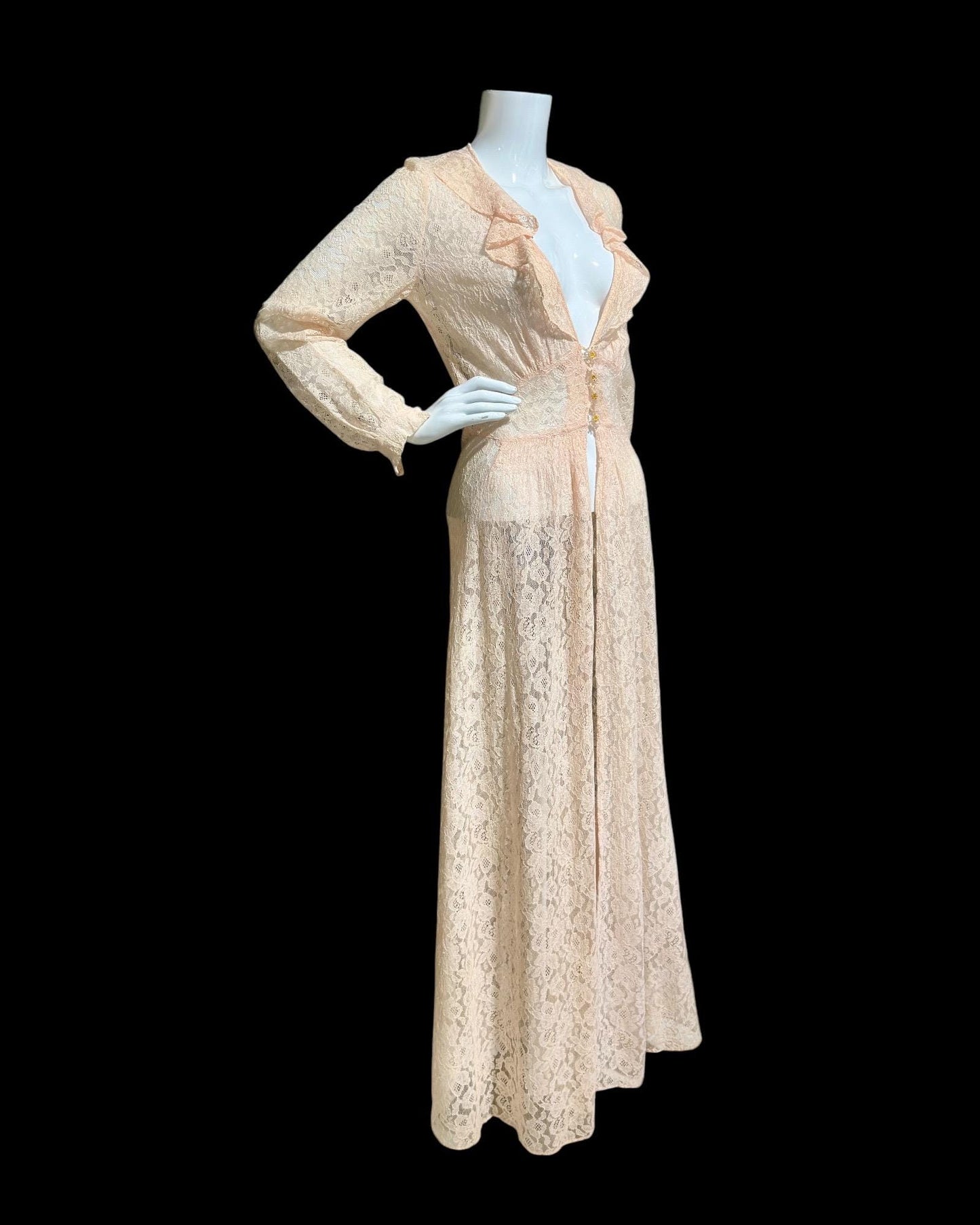 FLOBERT vintage 1940s sheer pink lace dressing gown robe, lace button front peignoir housecoat