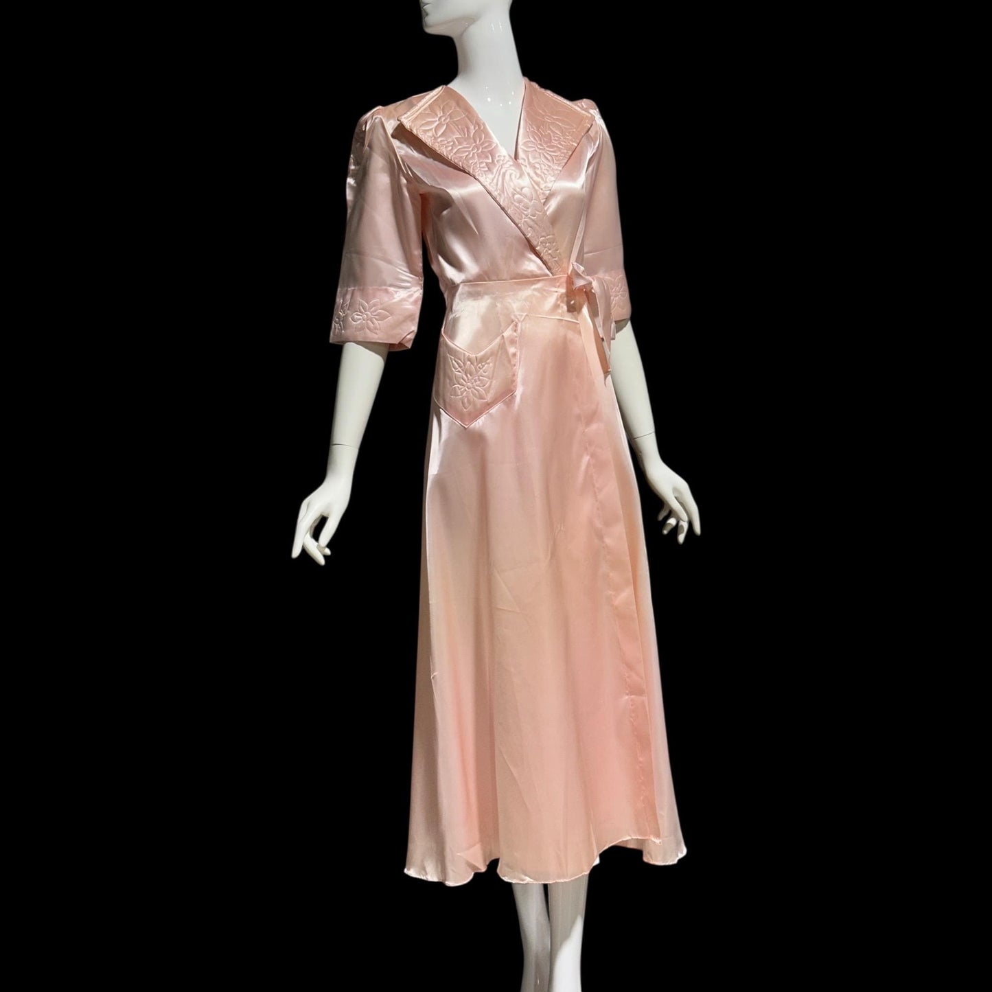 ANITA vintage 1940s Dressing Gown Robe, Made in Cuba Shiny Satin Pink Wrap Housecoat