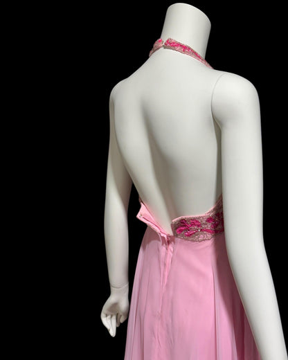 MIKE BENET evening prom dress, 1960s vintage pink chiffon beaded halter evening ball gown