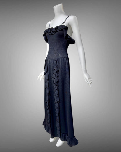 CRISSA 1970s vintage black knit ruffled slip dress, long maxi evening dress