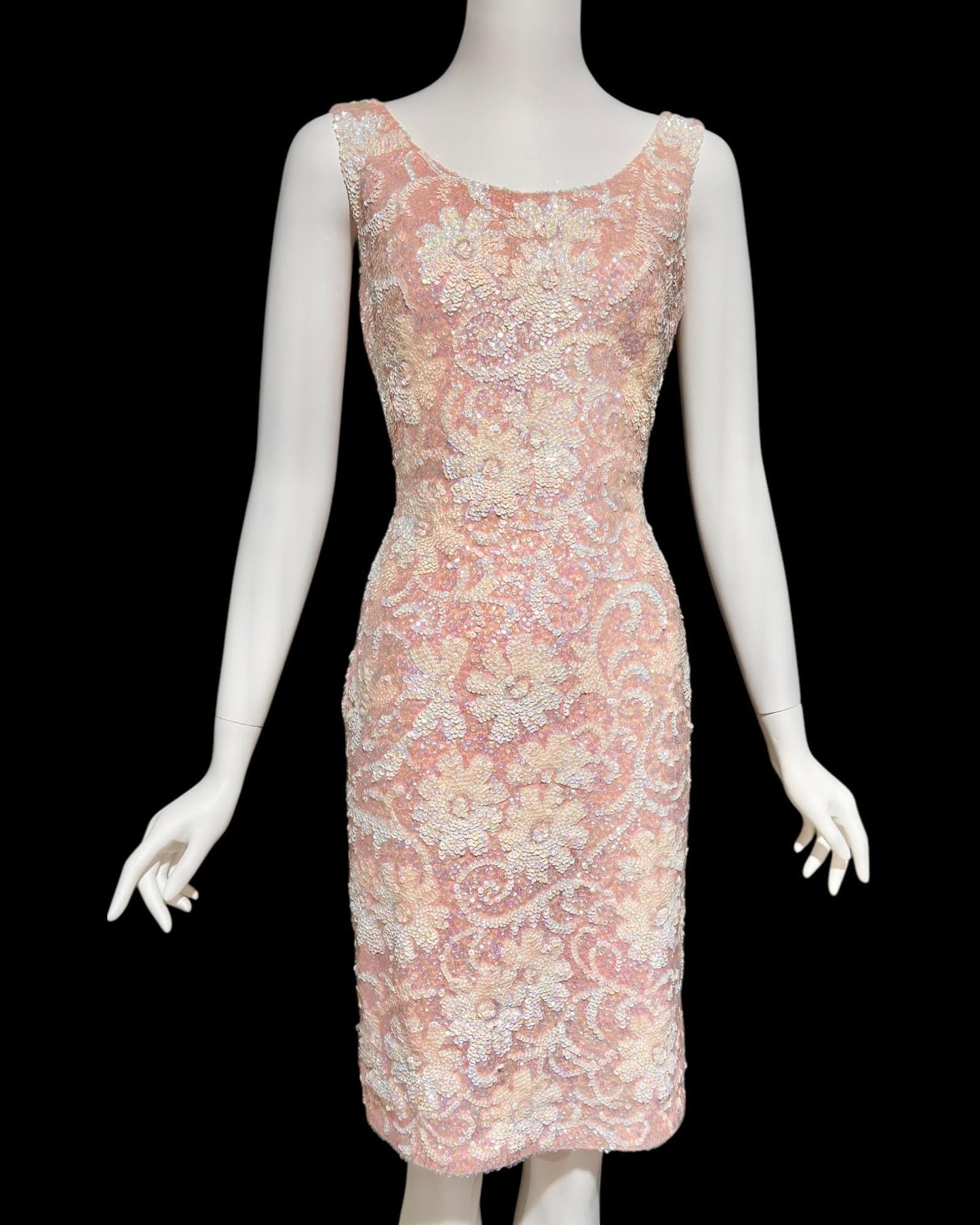 1960s vintage pink sequin slip tank cocktail dress, Wool knit Stretchy bombshell cut