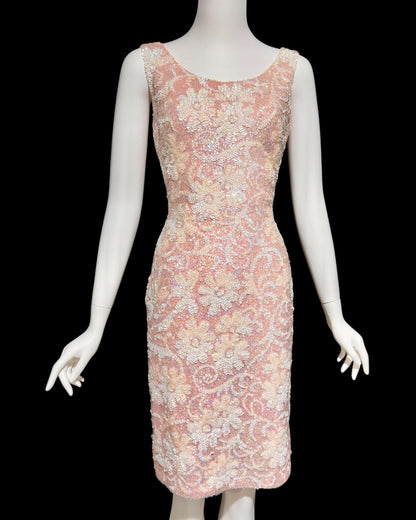 1960s vintage pink sequin slip tank cocktail dress, Wool knit Stretchy bombshell cut