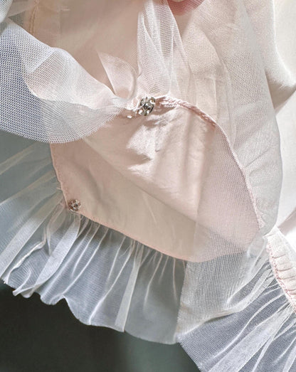1930s antique vintage pale pink bed jacket, Ruffled satin bed cape robe, one size
