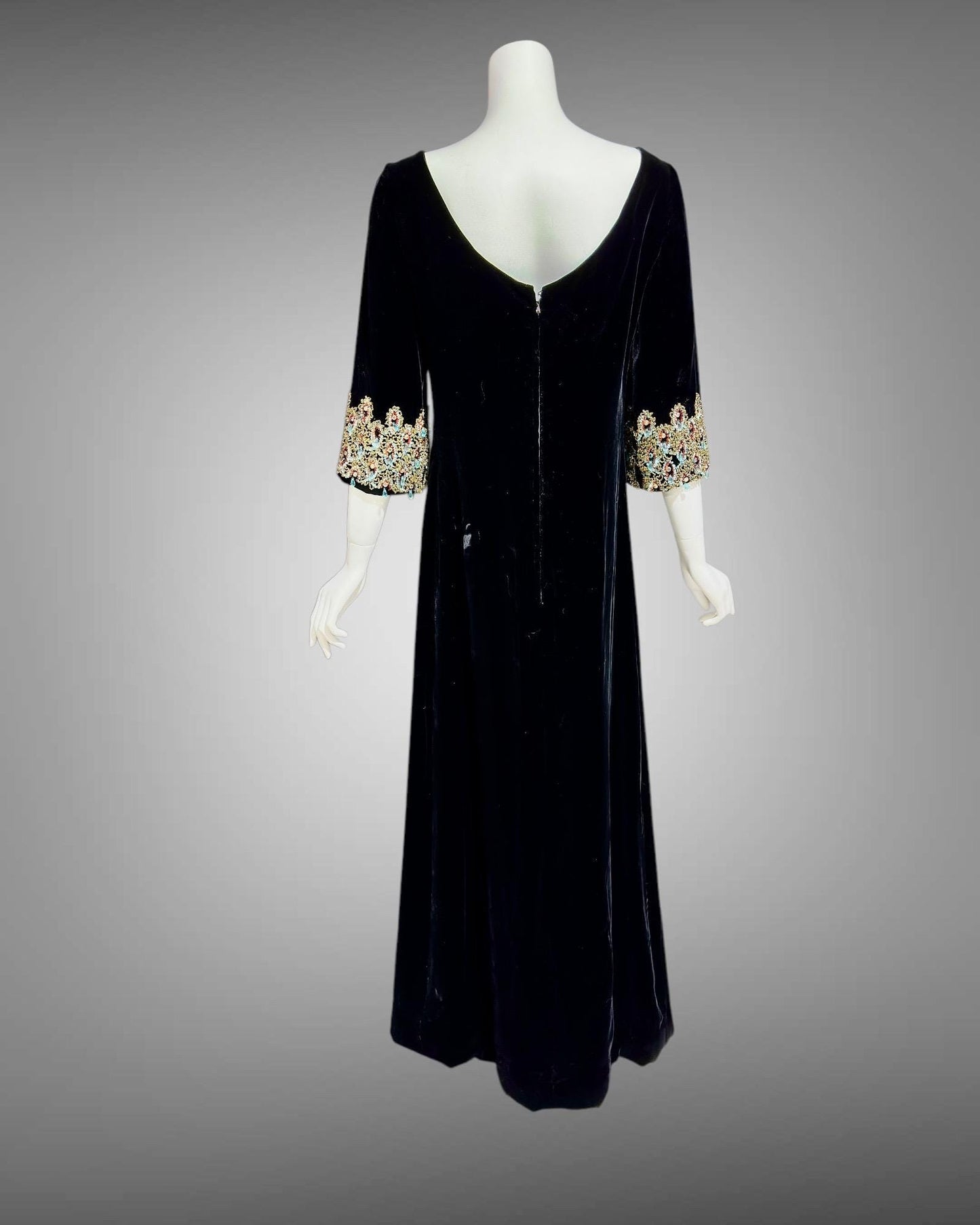 CAMEO vintage evening dress, for Bonwit Teller, 1960s black velvet beaded gown