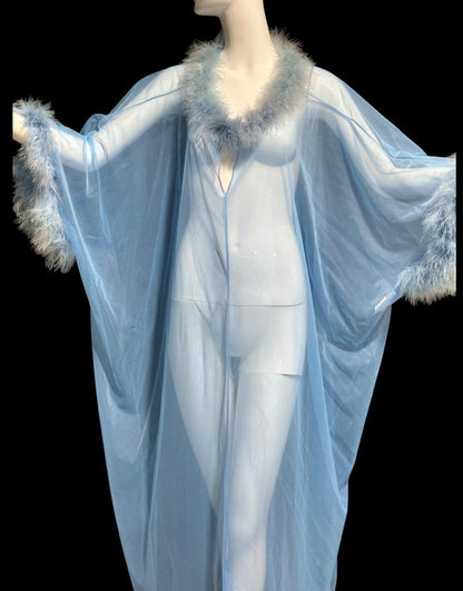 JENELLE of California, vintage 1960s nightgown caftan, Sheer blue nylon with marabou feathers, loose house dress lounging gown