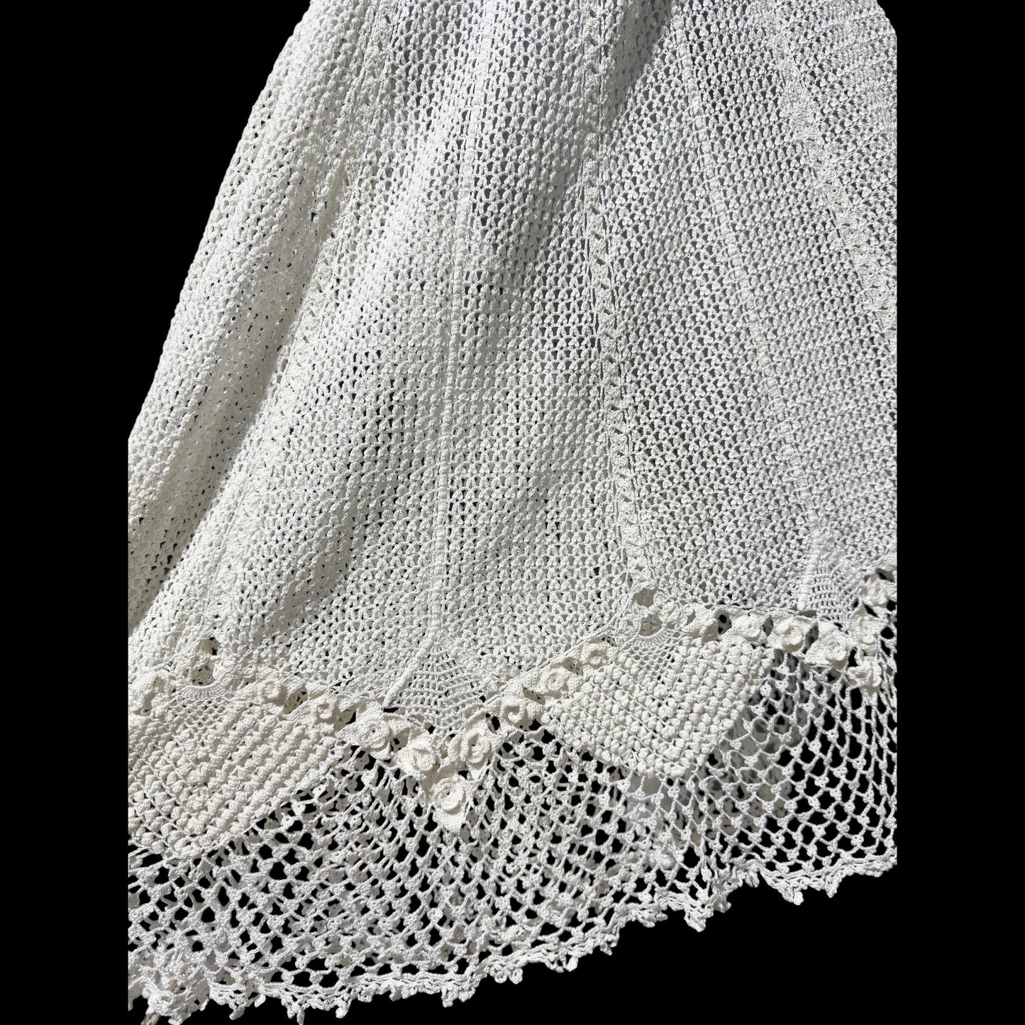 1970s vintage white crochet dress, all cotton blouson shirtdress, midi length