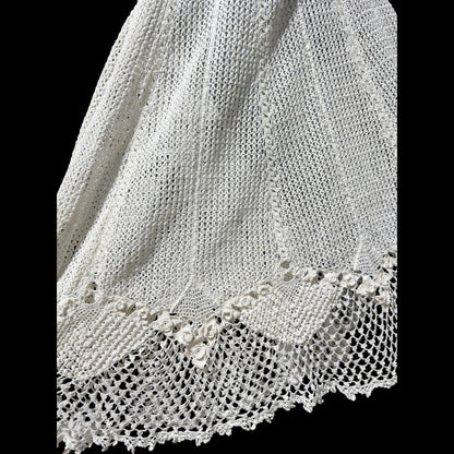 1970s vintage white crochet dress, all cotton blouson shirtdress, midi length