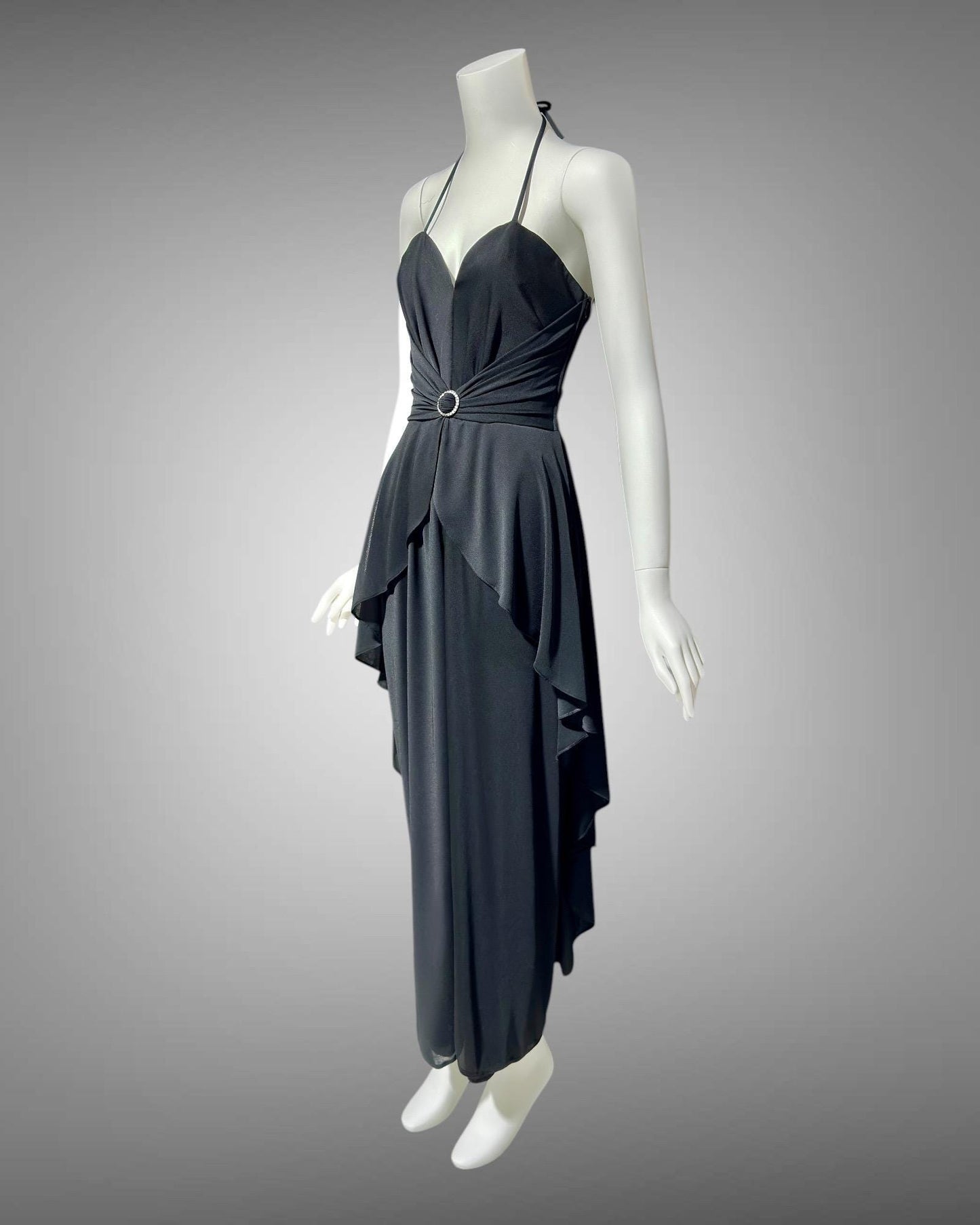 FRANK USHER 1970s vintage Black disco halter Dress, Bustier bodice and Long Peplum skirt