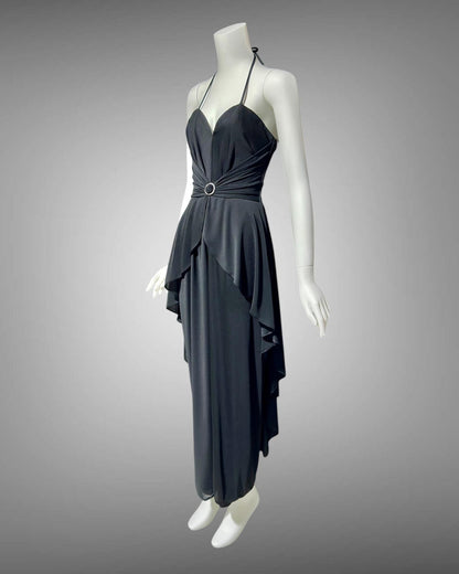 FRANK USHER 1970s vintage Black disco halter evening Dress, Bustier bodice and Long Peplum skirt