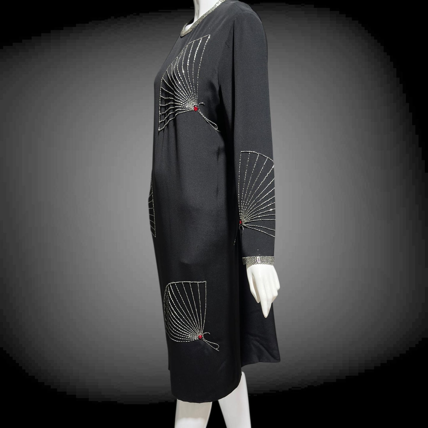 ADELE SIMPSON 1980s black cocktail party shift dress with beaded fans