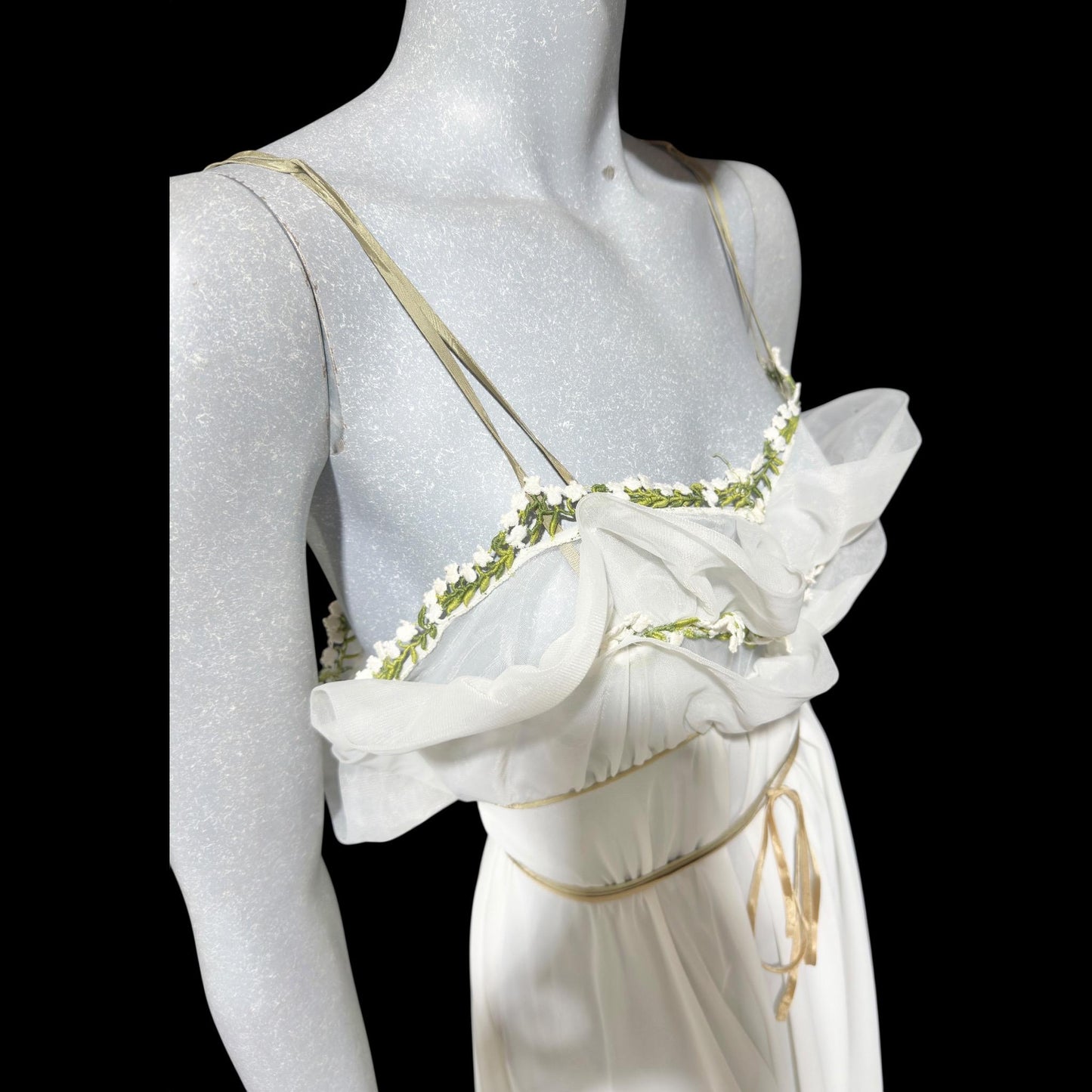 EYEFUL vintage 1950s nightgown slip dress, ethereal fairy garden nymph white nylon w/ lilies of the valley