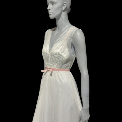 LAROS, Vintage 1940s nightgown slip dress, white double chiffon with pink embroidered flowers, wedding night dress