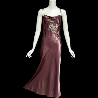BONNIE STRAUSS vintage 1990s evening slip dress, shiny satin bias cut sheath embroidered 1940s style gown