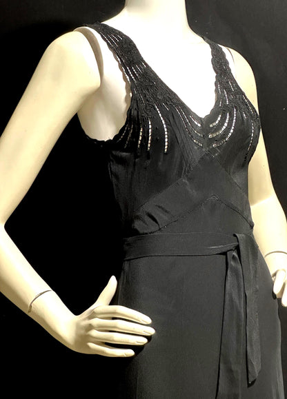 PEONY, vintage 1950s Silk Nightgown slip dress, inky black bias cut hand embroidered gown