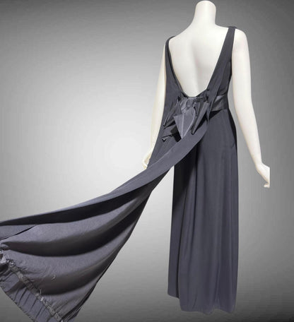 CAMEO vintage 1960s evening dress gown, black formal dress, backless watteau back