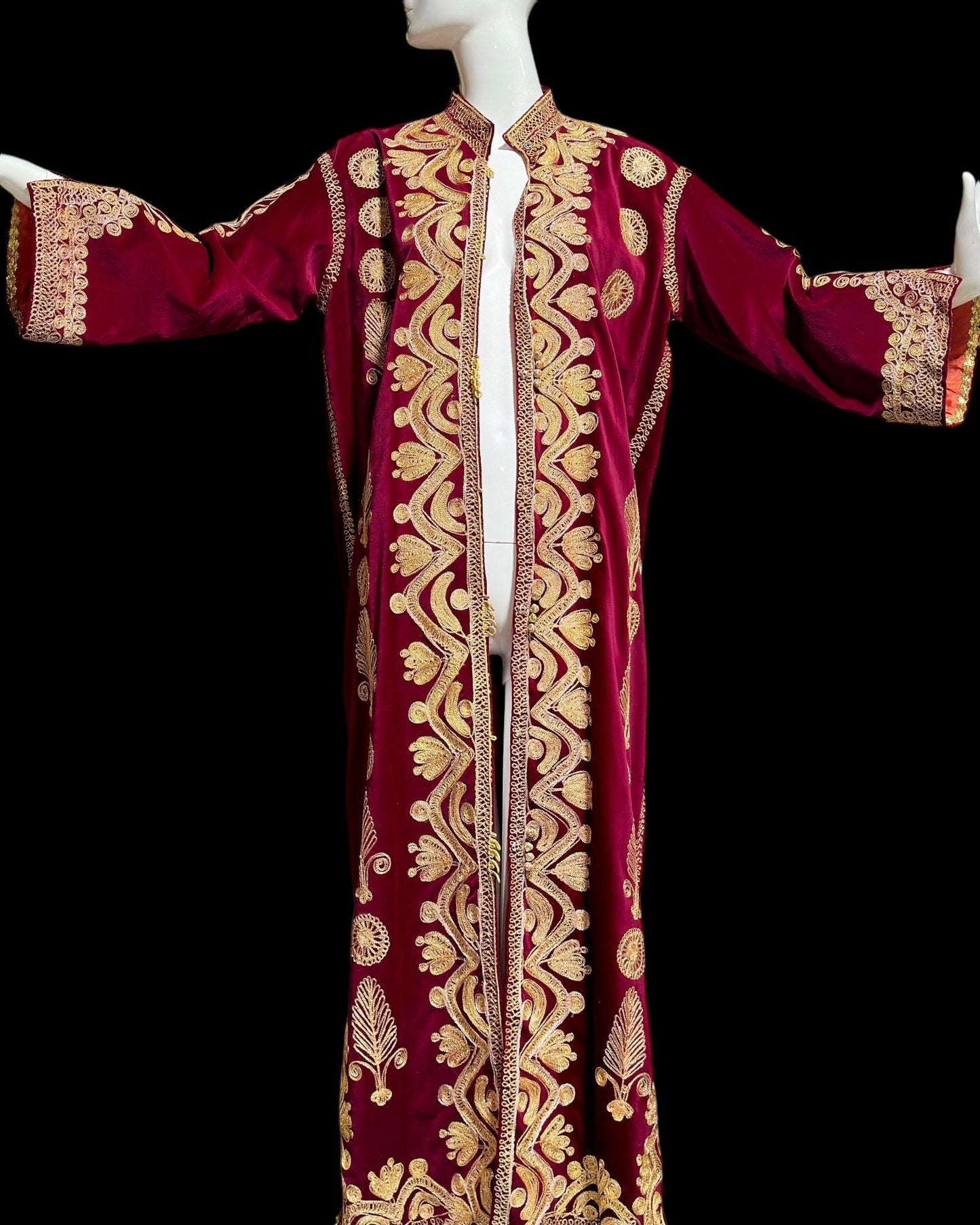 PROFILS du MONDE vintage Moroccan caftan kaftan,  1960s evening coat dress, Beverly Hills Ruby Red velvet gold metallic button front