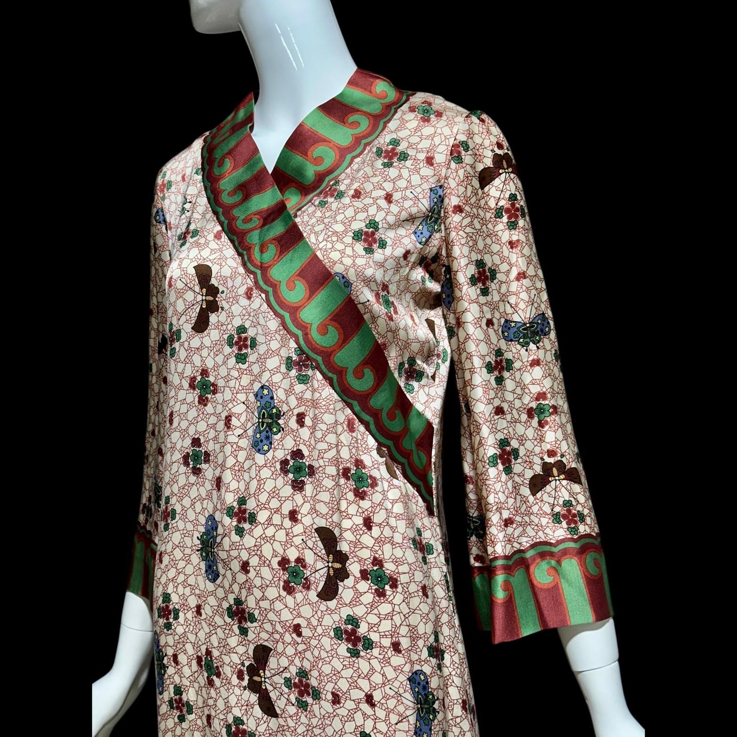 GALITZINE vintage 1960s butterfly print caftan dress, and SAKOWITZ, shift cut gown