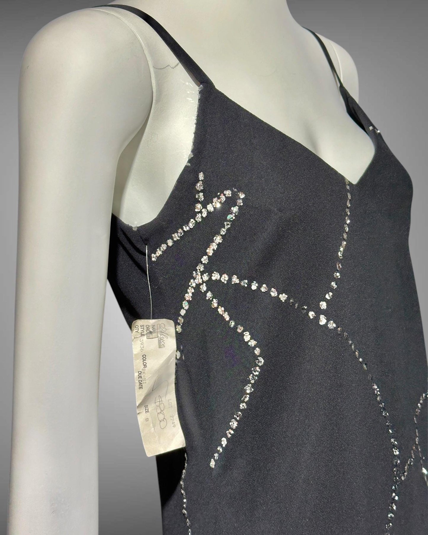 ALYCE vintage 1990s black asymmetrical sheath cocktail dress, New Old stock, silver sequins