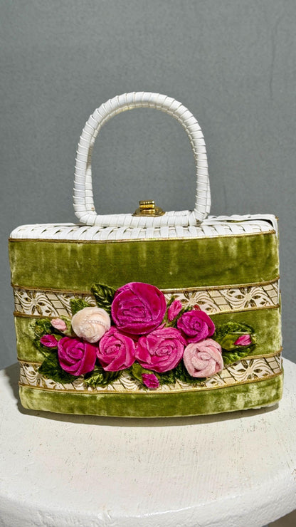 1950s vintage handbag purse, White straw with 3D velvet roses top handle basket purse