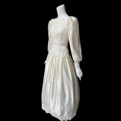 HOUSE of BIANCHI, vintage 1970s wedding dress, romantic boho white silk satin poet sleeve bridal gown