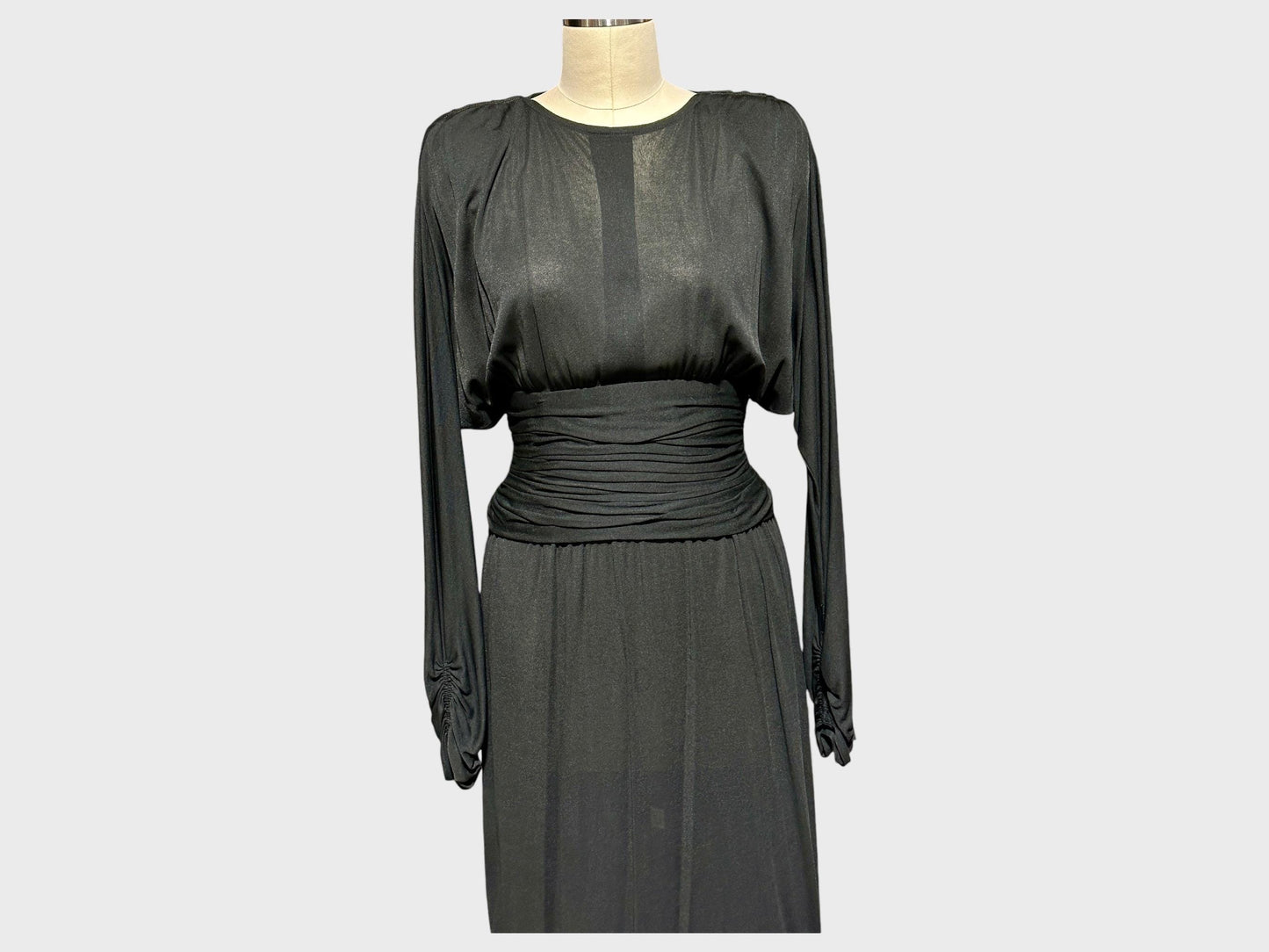 ADELE SIMPSON 1980s vintage evening dress, Sheer Black cocktail party dress, Batwing Sleeves, Keyhole Back