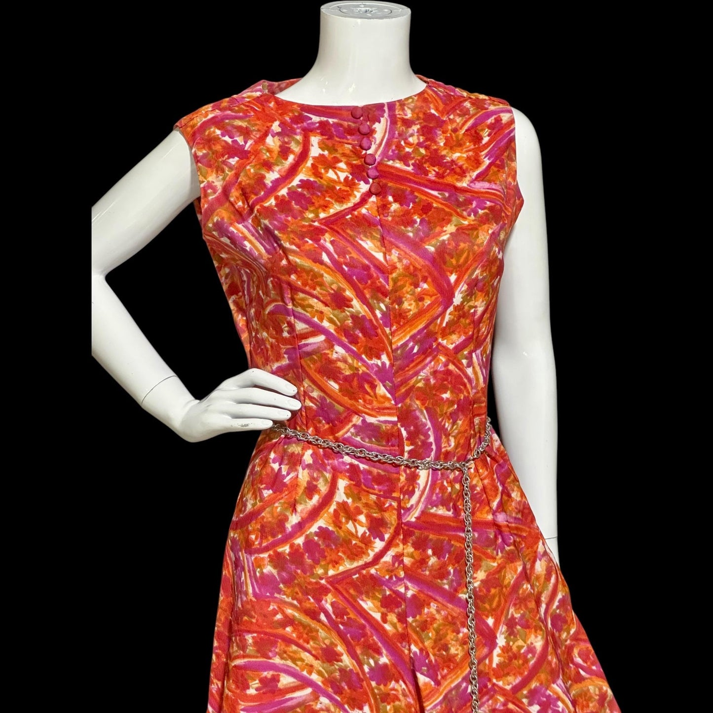 1960s vintage jumpsuit, wide leg flared palazzo pants, hot pink and orange paisley, sleeveless evening summer jumpsuit