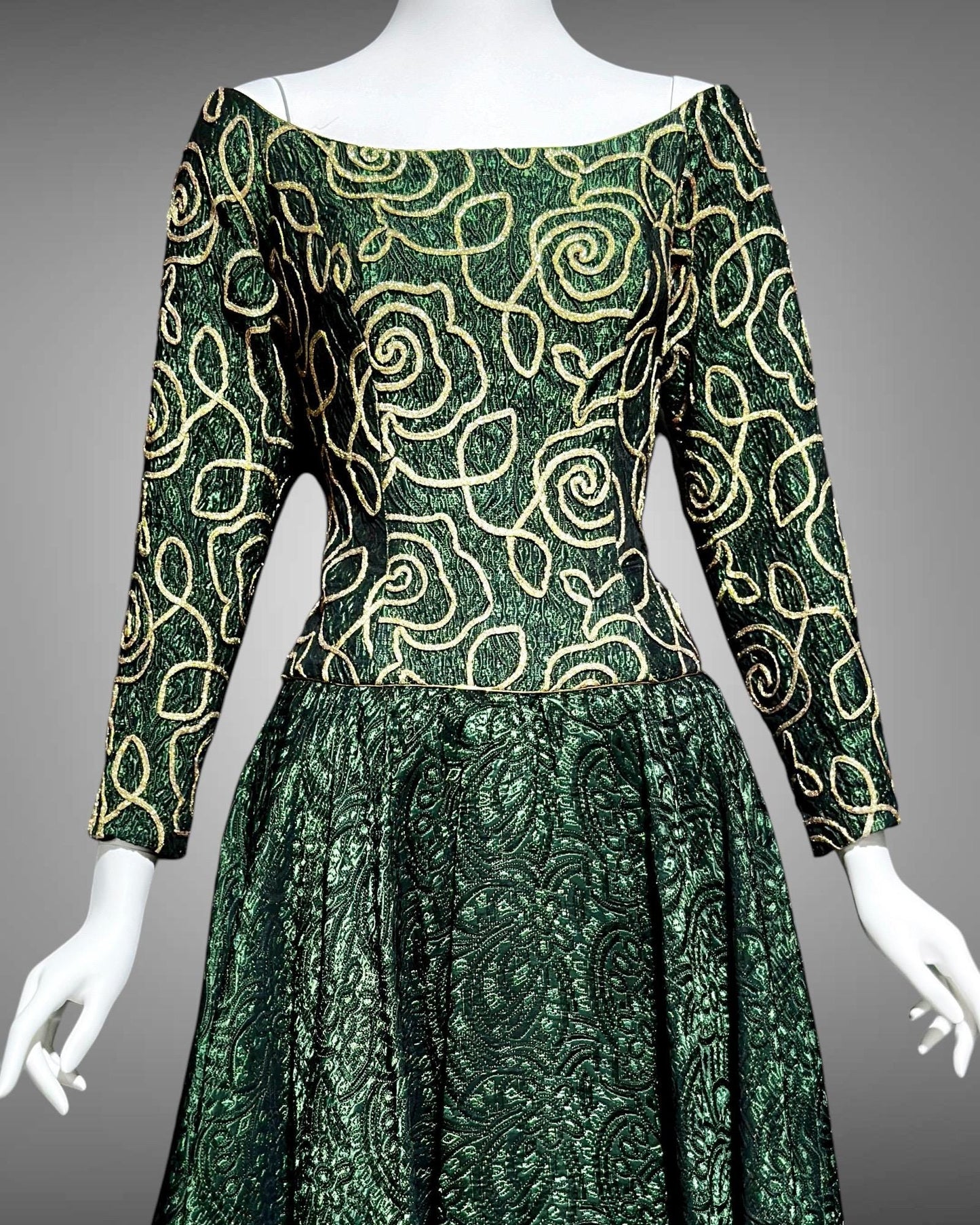 TERENCE NOLDER London, 1980s vintage gown, deep green and gold long sleeve ball gown